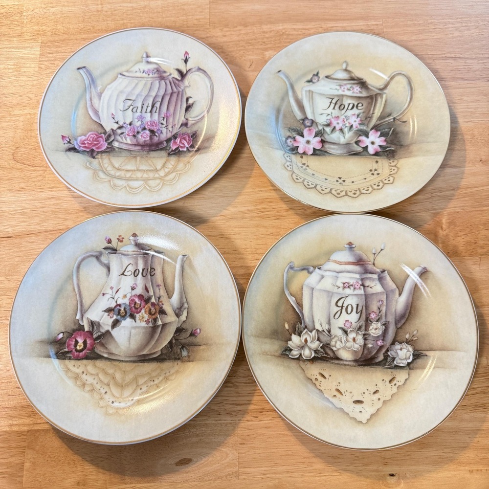 Set of 4 Faith Hope Love Joy Teapot Collector Plates 8" Victorian Floral